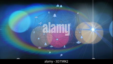 Pulsing central network glowing in digital studio, showing social icons, bokeh, halo, starburst Stock Photo