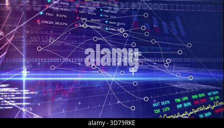 Displaying white curved trend lines with nodes moving across trading dashboard with stock tickers Stock Photo
