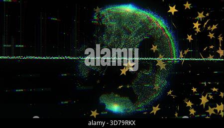 Rotating glowing RGB pixel hemisphere drifting in data-space, with dotted line and gold stars Stock Photo
