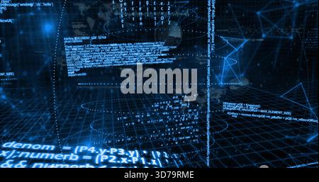 Displaying holographic code panels floating in virtual 3D cyberspace, streaming code fragments Stock Photo