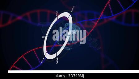 Rotating tilted segmented ring circling globe in virtual dashboard, showing red blue DNA ribbons Stock Photo