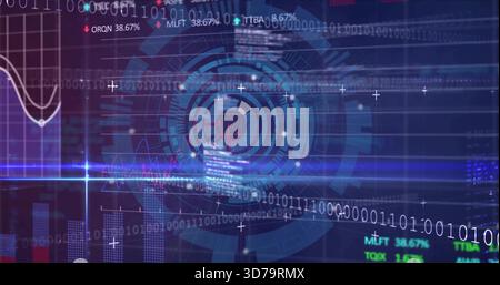 Displaying central circular HUD pulsing within virtual data dashboard, with scrolling binary code Stock Photo