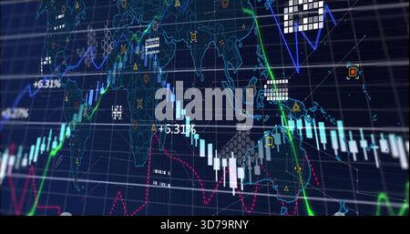 Displaying financial chart on-screen dashboard, showing candlesticks, colored lines, percent labels Stock Photo