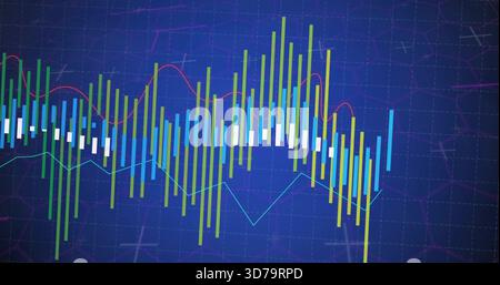 Displaying financial chart on dashboard, showing candlestick bars with white bodies, red cyan lines Stock Photo