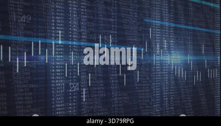 Displaying dashboard on dark screen with alphanumeric text, showing cyan trend line and white bars Stock Photo