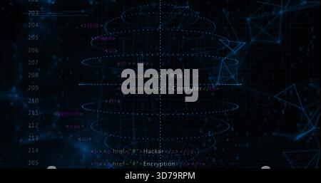 Displaying hologram rings column glowing over dark grid plane, showing HTML tags and dotted axis Stock Photo