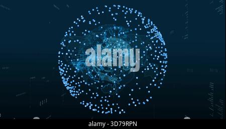 Showing holo Earth globe emitting cyan wireframe and network lines in 3D space with data nodes Stock Photo