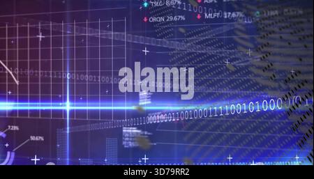 Glowing cyan-blue binary beam streaming across digital HUD, showing percentages, gridlines, globe Stock Photo