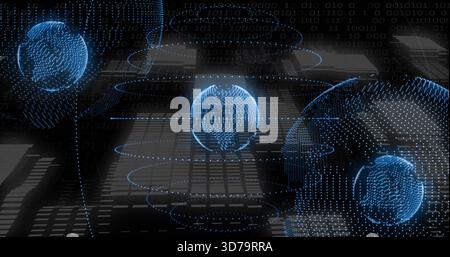 Floating blue dotted wireframe globe hovering over glossy grid plane, with binary streams and rings Stock Photo