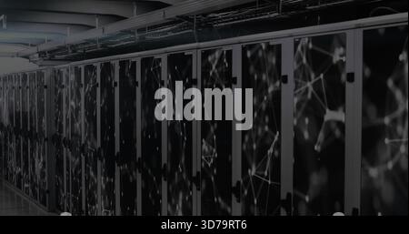 Displaying row of server racks showing node graphics in data center aisle, glass doors Stock Photo
