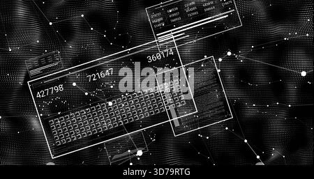 Displaying tilted data panel rotating in digital space, showing keyboard grid and numeric overlays Stock Photo
