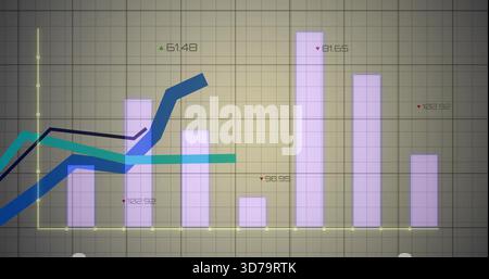 Displaying data chart with seven lavender bars on dashboard, showing trend lines and numeric labels Stock Photo