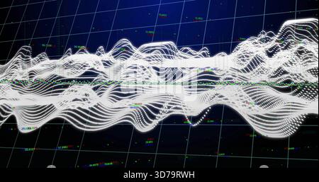 Undulating 3D white waveform rippling across dark grid, with numeric labels and colored markers Stock Photo