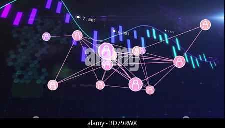 Displaying clustered network graph pulsing on dark dashboard, with pink nodes thin edges teal wave Stock Photo