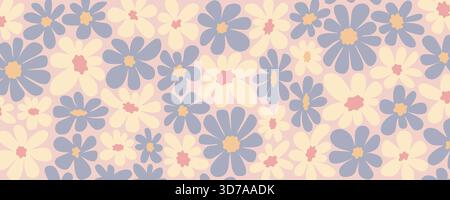 Abstract daisy groovy background with pastel blue and cream flowers on pink backdrop. Retro floral vector perfect for fabric, wallpaper, wrapping Stock Vector
