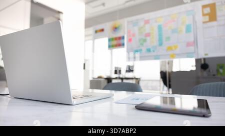 Contemporary workspace with no people and tools for teamwork Stock Photo