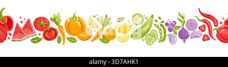 A seamless horizontal border of vibrant fruits and vegetables forming a rainbow arc, crisp geometric shapes, bright gradients, modern vector style. Stock Vector