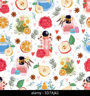 Womens perfume with floral and fruity aromas. Perfumery seamless pattern. Fragrant liquid in bottles. Flower smells. Repeated print. Toilet water Stock Vector