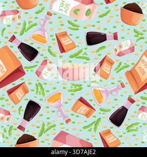 Soy products seamless pattern. Superfood soybean. Oil and sauce bottles. Porridge bowl with vegan soymilk. Repeated print. Diet food. Beans flour Stock Vector