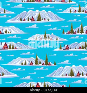 Rural houses in mountains among snow and trees. Winter landscape seamless pattern. Cold season scenic scenery. Snowy wild forest. Repeated print Stock Vector