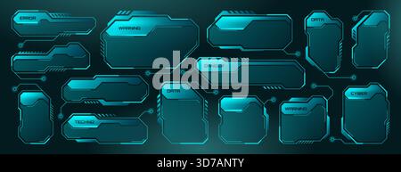 Vector set of futuristic abstract hud frames, science text box hologram borders or sci-fi labels. Digital screen panels, user interface ui elements, high tech modern information titles or callouts bar Stock Vector