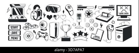 Hand drawn video game doodle set. Gamer gadgets, retro console, computer controller, joystick, vr headset, keyboard buttons, progress bar, trophy. PC gaming items, arcade play elements in sketch style Stock Vector