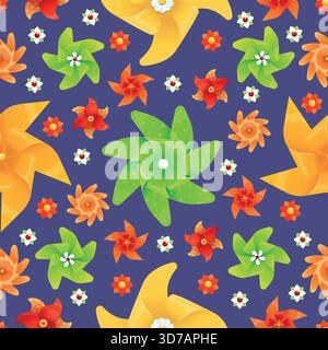 Colorful paper fans for kids to play. Windmill toys seamless pattern. Repeated print. Pinwheels with vane blades. Children propellers. Spinning Stock Vector