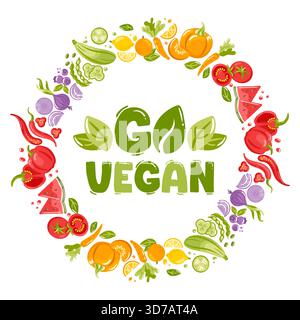 Round frame of vegetables and fruits a bright vector illustration featuring a circular border composed of diverse vegetables and fruits, vivid colors Stock Vector