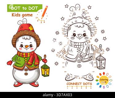 Cute snowman, winter ice snow man character connect dots number children education math puzzle game. Draw picture join dotted line. Coloring book page Stock Vector
