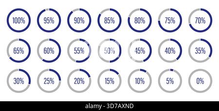 Template of dark blue and gray color fill pie charts indicator. Circle diagrams icons for infographics from 100 to 0 percent. Set of round graph Stock Vector