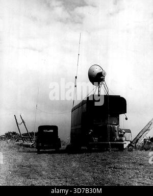 A Mobile TV Link Station -- When the British Broadcasting Corporation televises a programme at some distance from a transmitter, centimetric-wave or very high frequency radio link stations are set up on high points along the route to transmit the picture signals to the transmitter. The radio link station shown in the photograph was placed on a high point on the Sussex Downs for the purpose of a recent Television broadcast. December 21, 1951. (Photo by BBC). Stock Photo