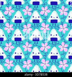 Japanese food onigiri seamless cartoon kawaii rice ball pattern for wrapping paper and kids clothes print and menu and restaurants accessories and fab Stock Photo