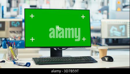 Chroma key mockup computer in empty photovoltaics factory used to diagnose malfunctioning systems. Isolated screen PC in solar panels manufacturing plant used for reducing downtime Stock Photo