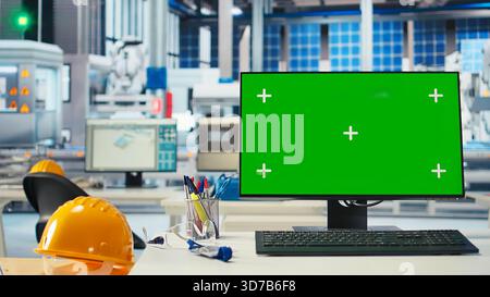 Chroma key PC in solar panels manufacturing plant used to develop new technologies harnessing sun power. Green screen computer in empty photovoltaics factory used to improve efficiency Stock Photo