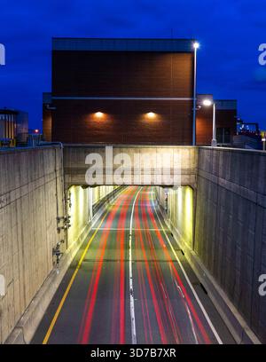 Light Trails from Cars in the Midtown Tunnel in Norfolk Virginia Going to Portmouth Stock Photo