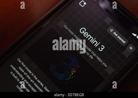 Quito, ECUADOR - Nov 21 2025 : Gemini 3 AI model overview website is displayed on an iPhone. Stock Photo