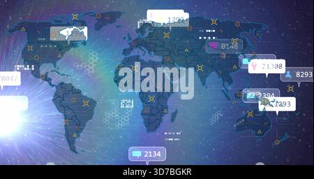 Displaying stylized world map on dashboard, showing bubble counters, user icons, warning markers Stock Photo
