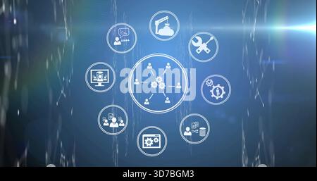 Displaying central hub icon linking user nodes on blue backdrop, with icon ring, light streaks Stock Photo