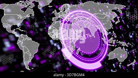 Projecting neon purple circular HUD overlay over virtual world map, showing readout 3576 Stock Photo