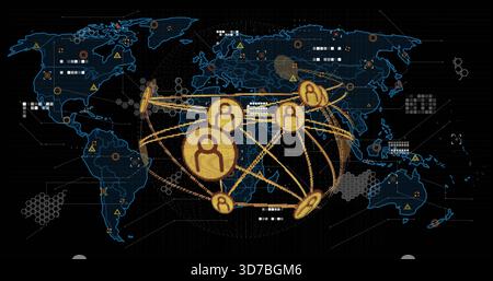 Displaying central cluster of golden user tokens pulsing on digital world map, with arced rings Stock Photo