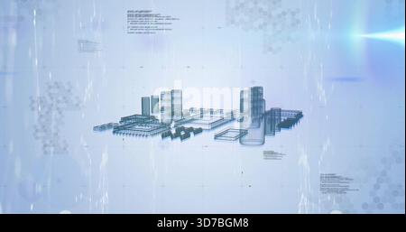 Displaying 3D plant wireframe centered on blue CAD canvas showing tanks, decks, pipes and grid Stock Photo