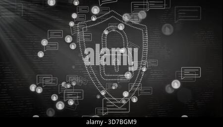Displaying central dotted-line shield with padlock glowing in virtual cyberspace, with chat bubbles Stock Photo