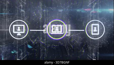 Showing central laptop node glowing with neon ring on digital map, linking desktop and tablet nodes Stock Photo