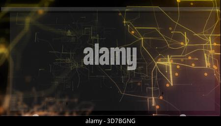 Showing digital panel featuring gold network and orange nodes on dark canvas, with grid codes Stock Photo