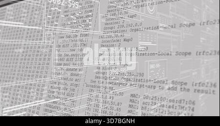 Displaying translucent terminal panels overlaying rack-mounted servers at data center, showing IPs Stock Photo