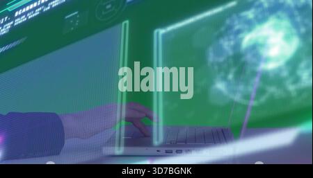 Typing mid-adult hand in dark jacket using silver laptop at workstation, with holographic globe UI Stock Photo