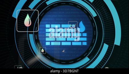 Displaying central HUD showing glowing firewall icon in network UI, flame and droplet icons CO2 Stock Photo