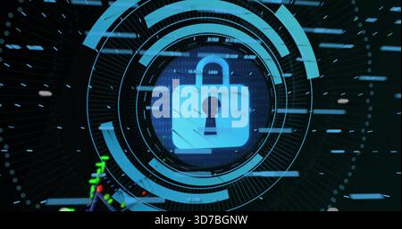 Displaying central padlock icon glowing and scanning virtual interface, with HUD rings binary code Stock Photo
