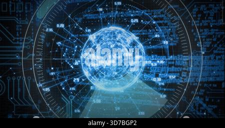 Rotating glowing blue holographic sphere centered within cyber interface, with HUD rings and nodes Stock Photo