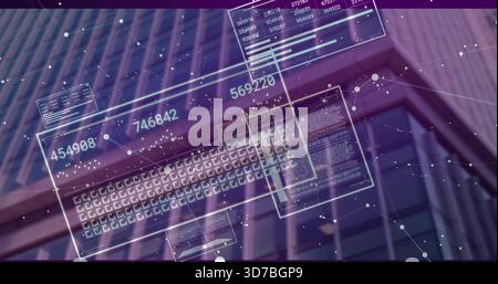 Overlaying AR HUD panels on office facade from low angle, showing numeric readouts and nodes Stock Photo